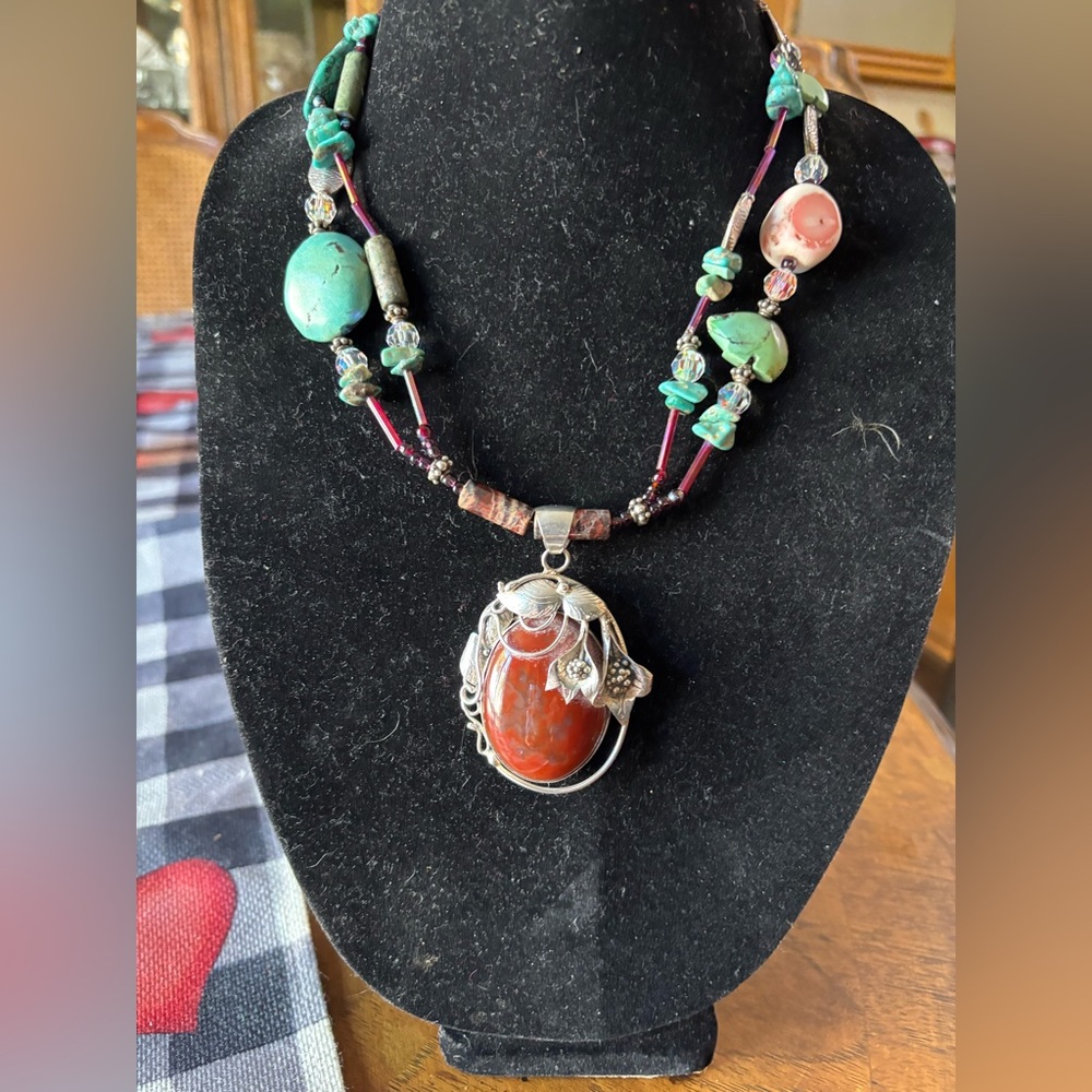Custom crafted polished Jasper set in hand crafted silver necklace